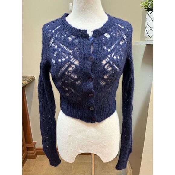 Stile Beneton Sweaters - Stile Beneton NWT M Royal deep blue open weave crochet style long sleeve button